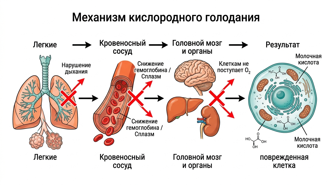 ислородное голодание головного мозга — схема механизма гипоксии